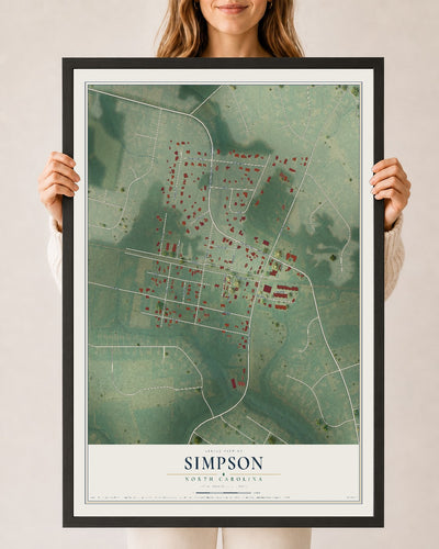 Map of Simpson, North Carolina, 24 x 36 inch print in a black wood frame
