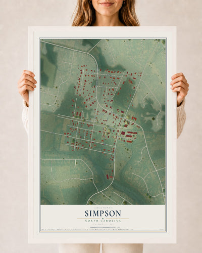 Map of Simpson, North Carolina, 24 x 36 inch print in a white wood frame