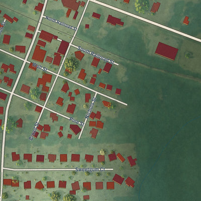 Close-up of the map of Sims, North Carolina print showing street and building detail