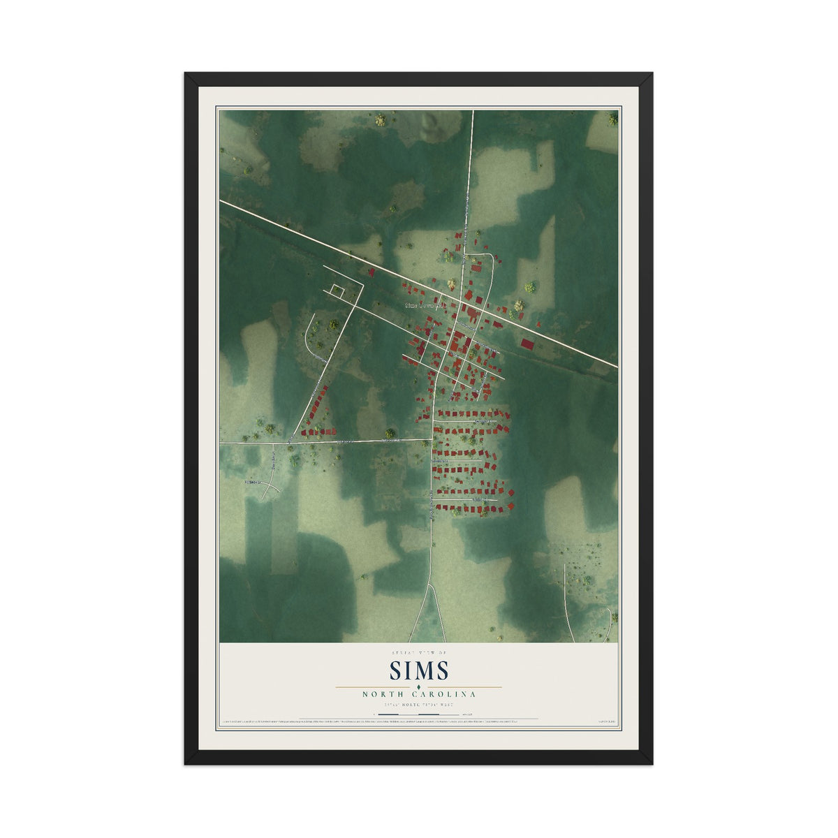 Map of Sims, North Carolina, 12 x 18 inch print in a black wood frame