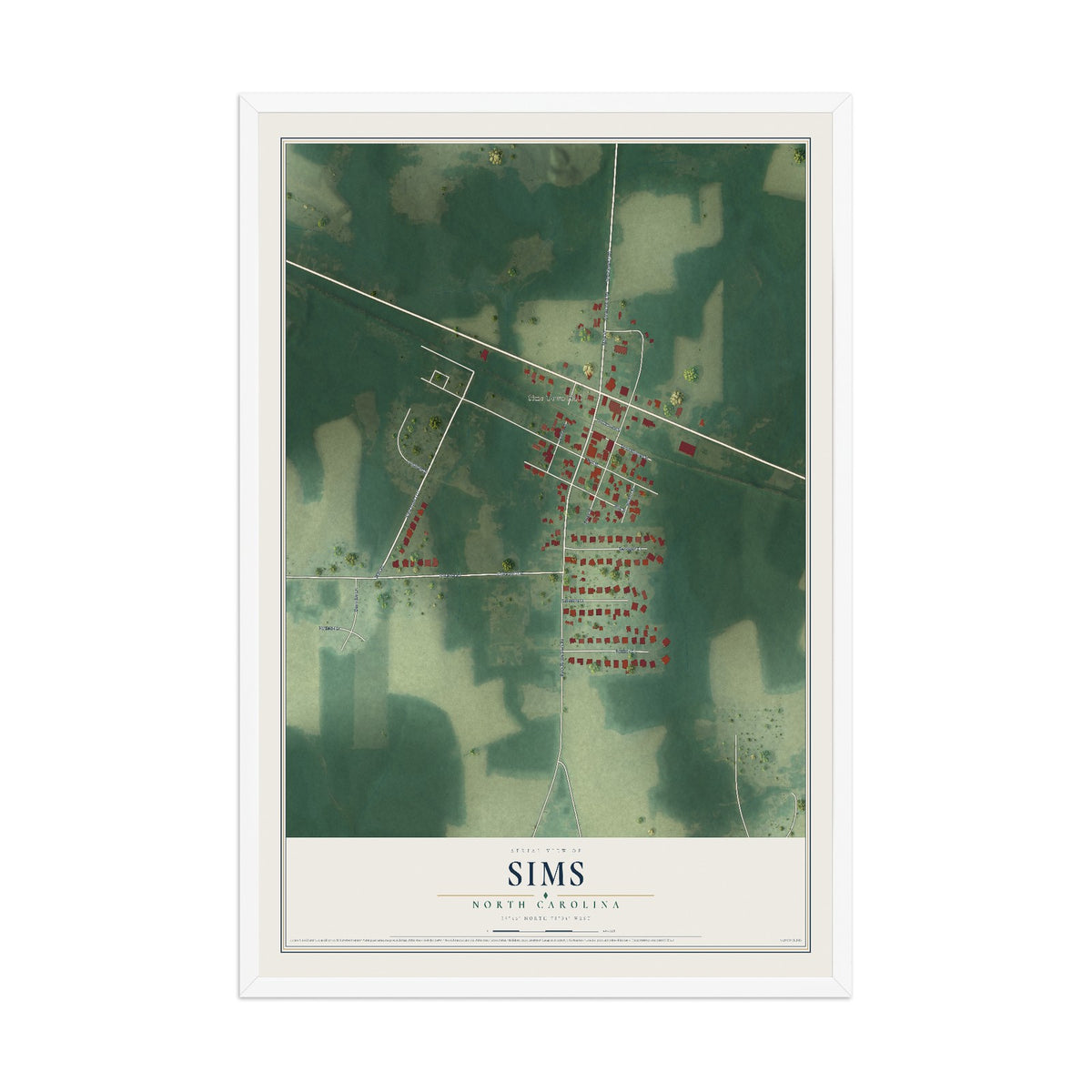 Map of Sims, North Carolina, 12 x 18 inch print in a white wood frame