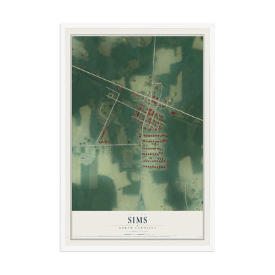 Map of Sims, North Carolina, 12 x 18 inch print in a white wood frame