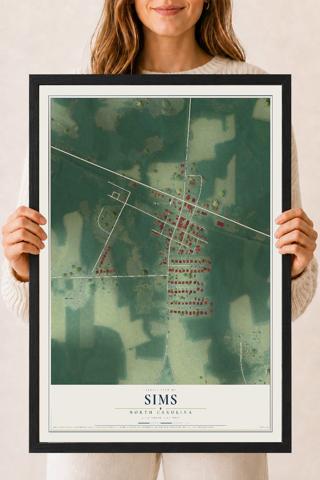 Map of Sims, North Carolina, 18 x 24 inch print in a black wood frame