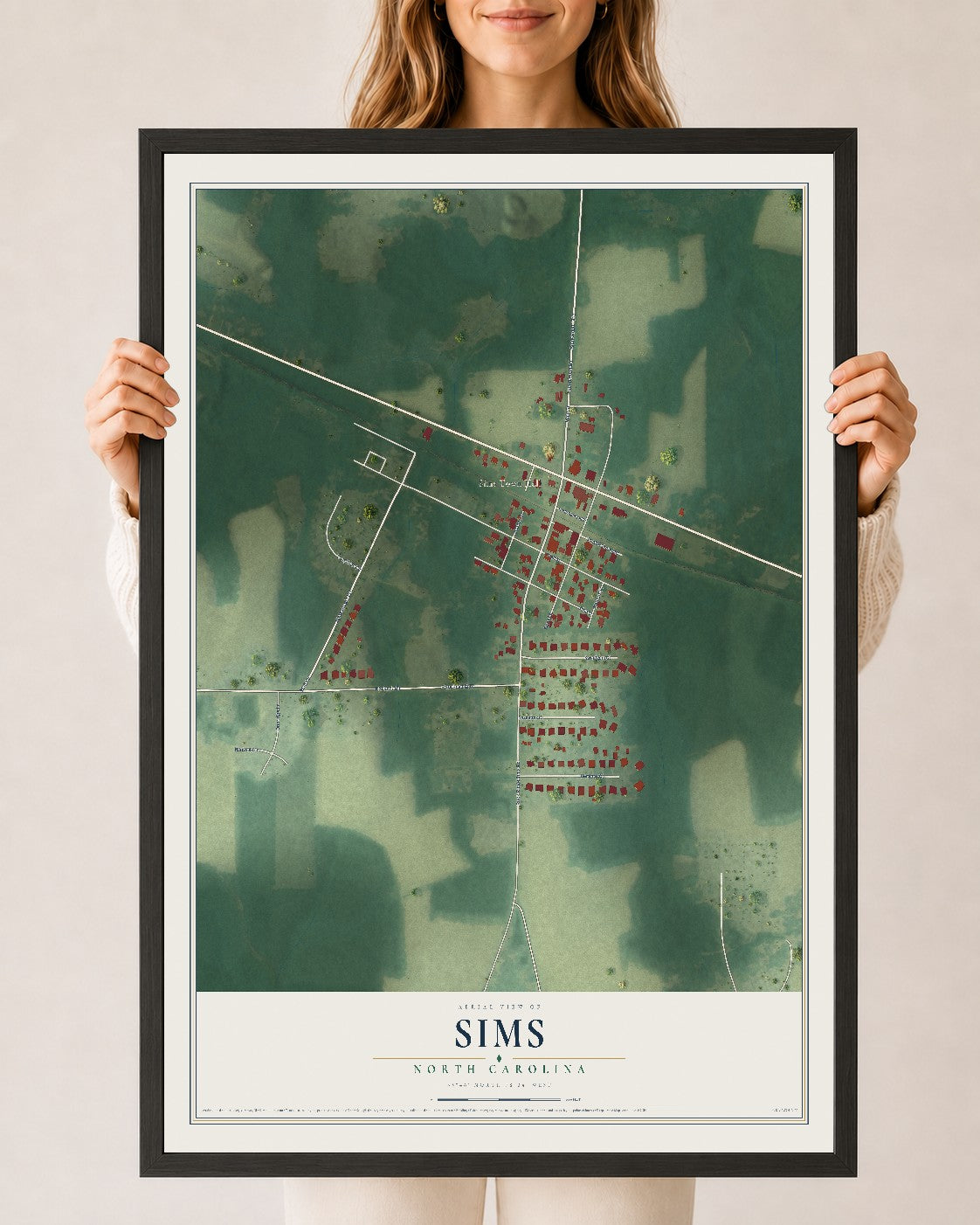 Map of Sims, North Carolina, 24 x 36 inch print in a black wood frame