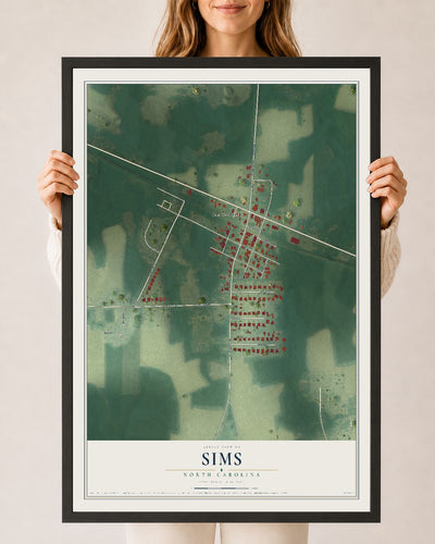 Map of Sims, North Carolina, 24 x 36 inch print in a black wood frame