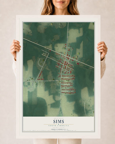Map of Sims, North Carolina, 24 x 36 inch print in a white wood frame