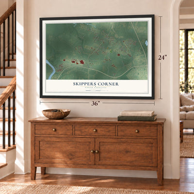 Skippers Corner, North Carolina map, 24 x 36 inch print in a black frame above a dresser by a staircase