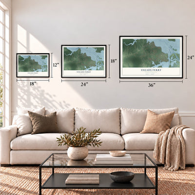Sneads Ferry, North Carolina map in 12 x 18, 18 x 24 and 24 x 36 inch sizes above a sofa