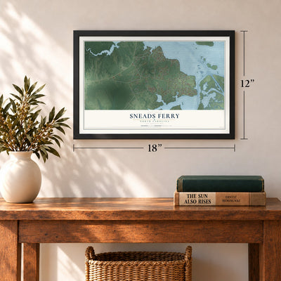 Sneads Ferry, North Carolina map, 12 x 18 inch print in a black frame in an entryway