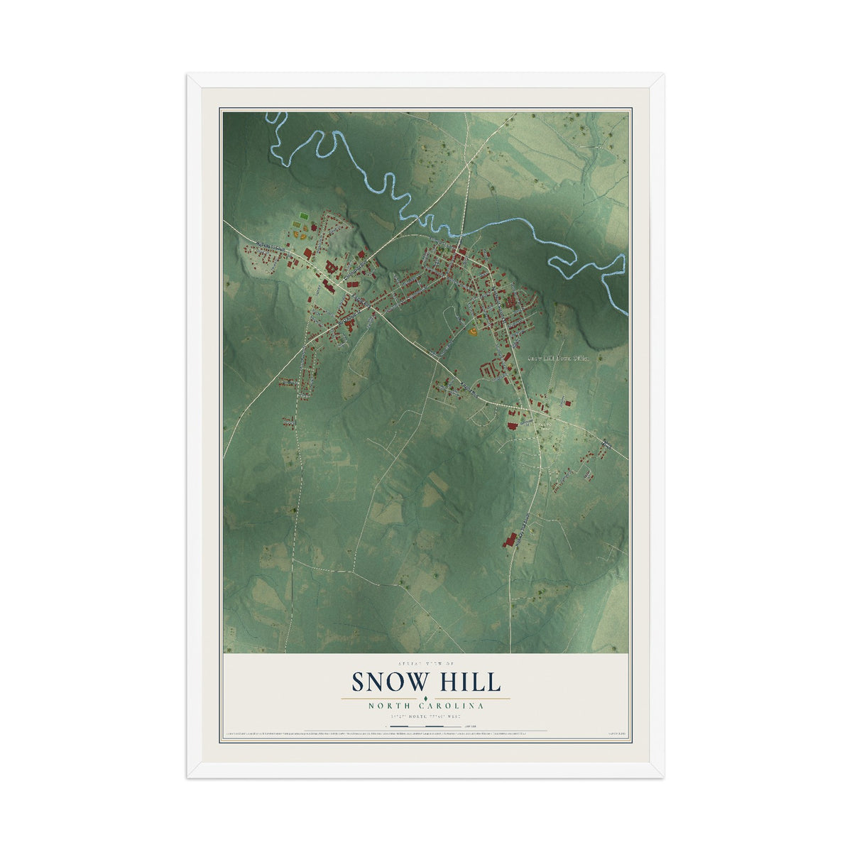 Map of Snow Hill, North Carolina, 12 x 18 inch print in a white wood frame