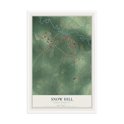 Map of Snow Hill, North Carolina, 12 x 18 inch print in a white wood frame