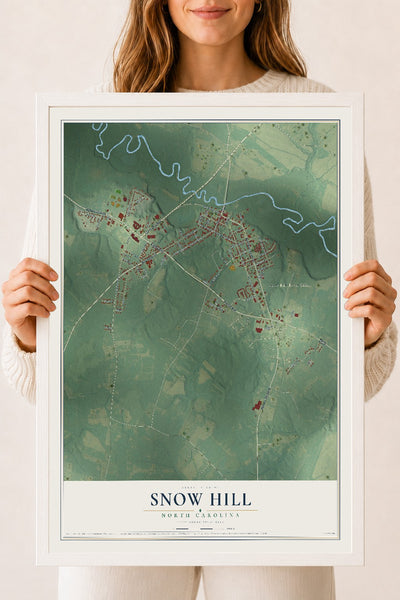 Map of Snow Hill, North Carolina, 18 x 24 inch print in a white wood frame