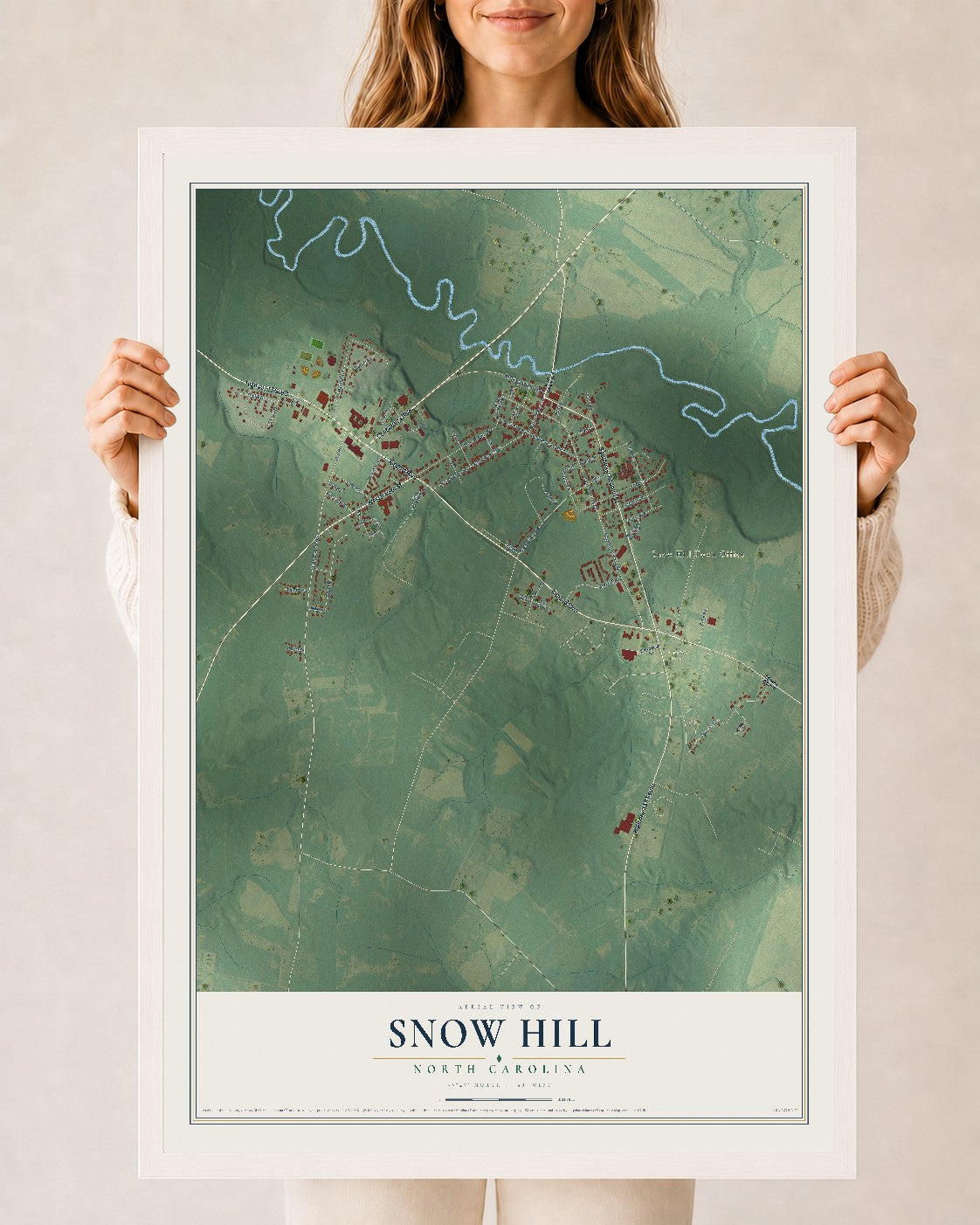 Map of Snow Hill, North Carolina, 24 x 36 inch print in a white wood frame
