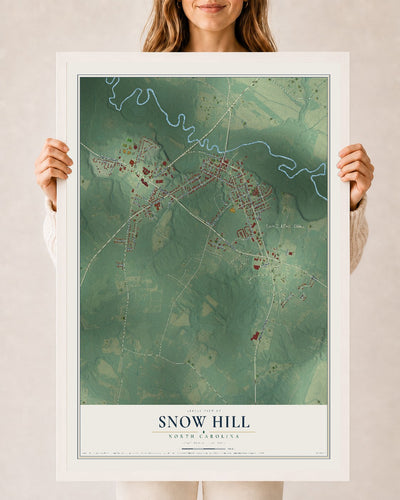 Map of Snow Hill, North Carolina, 24 x 36 inch print in a white wood frame