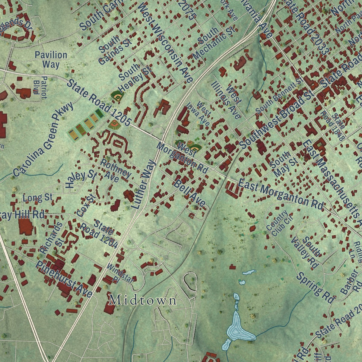 Close-up of the map of Southern Pines, North Carolina print showing street and building detail