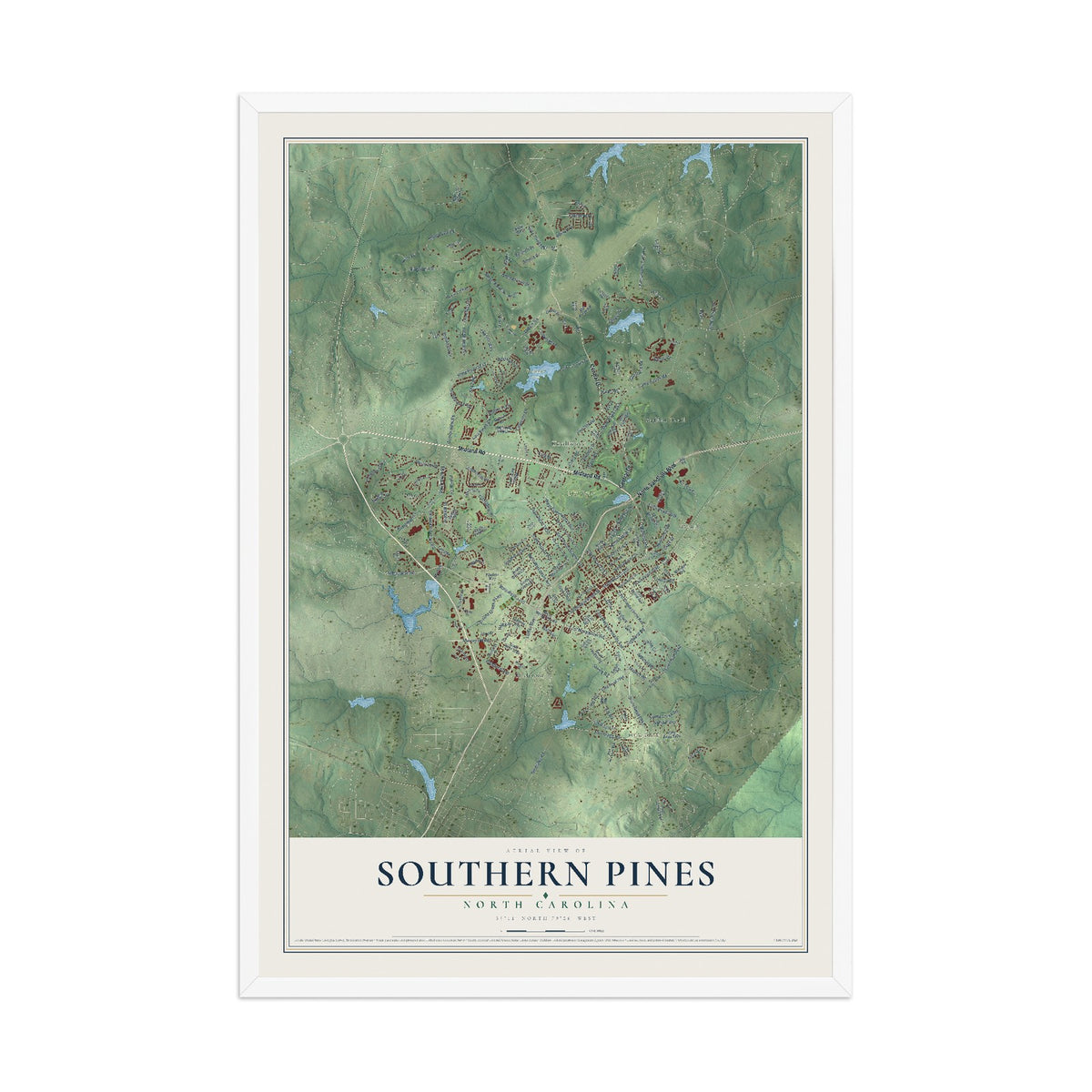 Map of Southern Pines, North Carolina, 12 x 18 inch print in a white wood frame