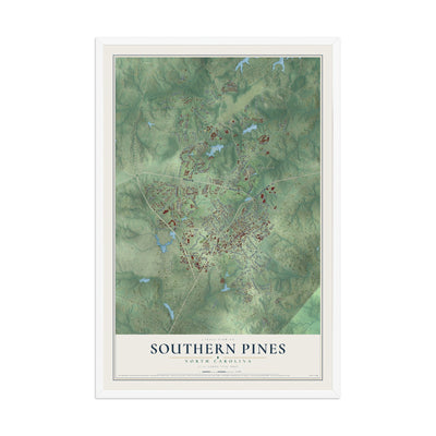 Map of Southern Pines, North Carolina, 12 x 18 inch print in a white wood frame