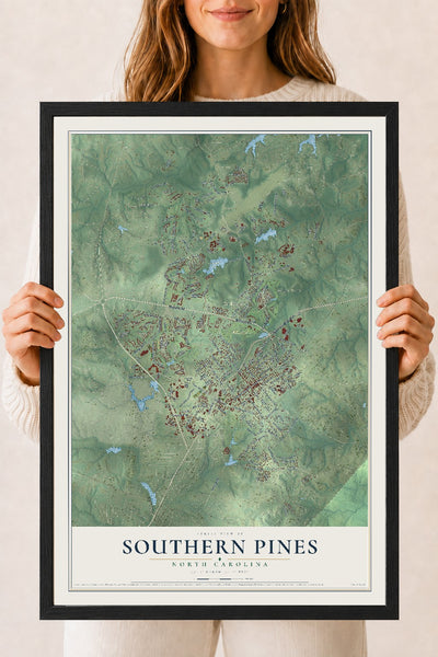 Map of Southern Pines, North Carolina, 18 x 24 inch print in a black wood frame