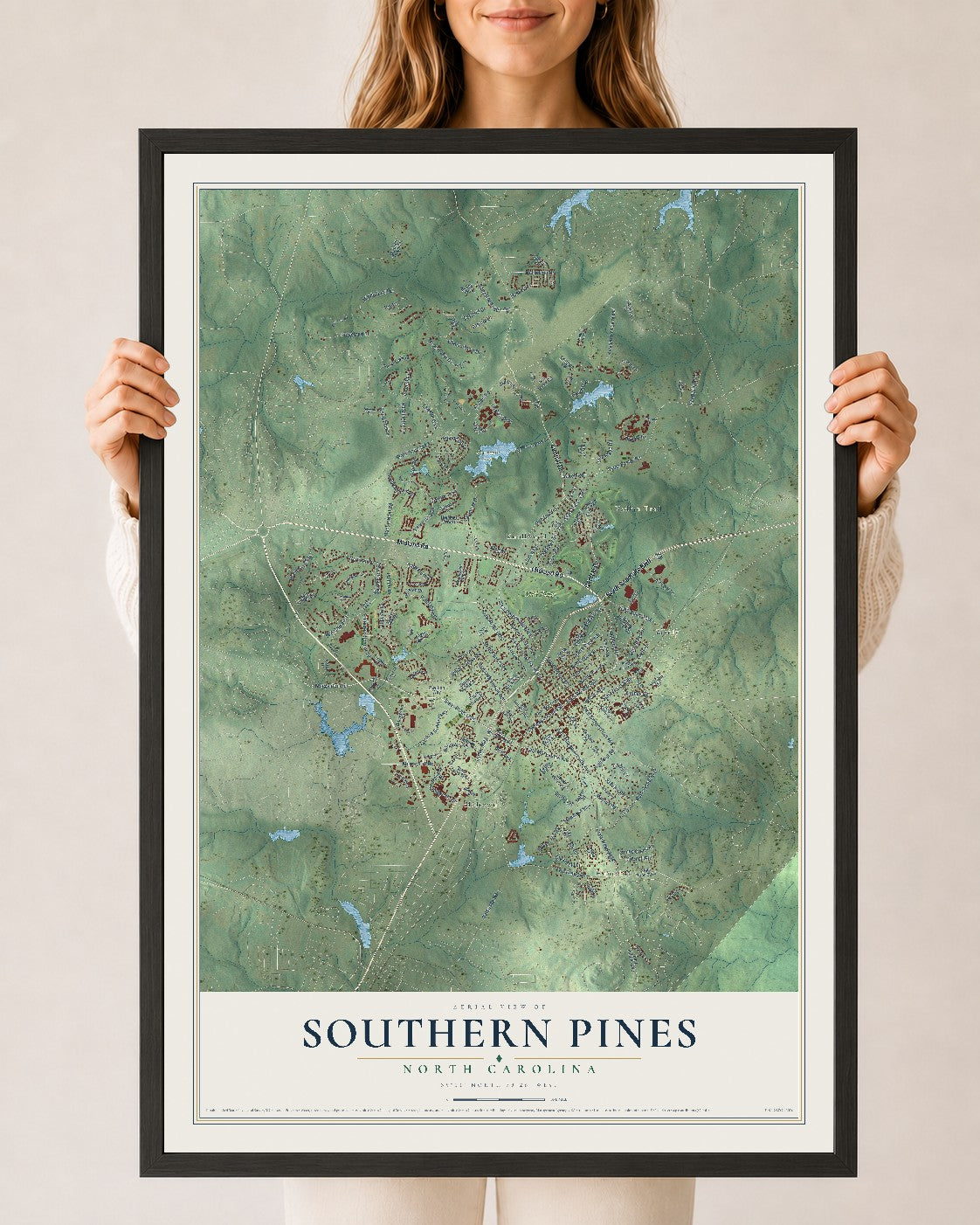 Map of Southern Pines, North Carolina, 24 x 36 inch print in a black wood frame