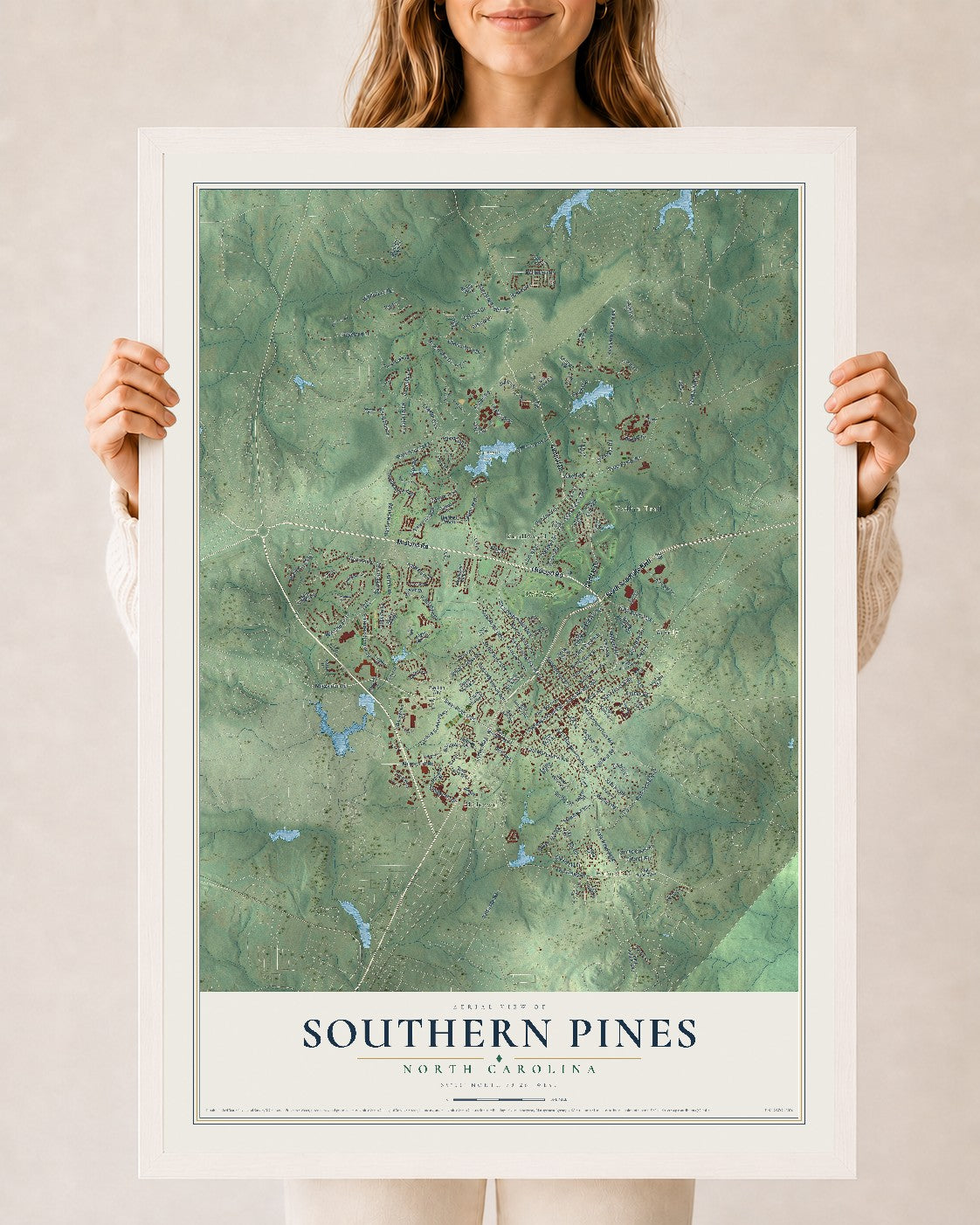 Map of Southern Pines, North Carolina, 24 x 36 inch print in a white wood frame