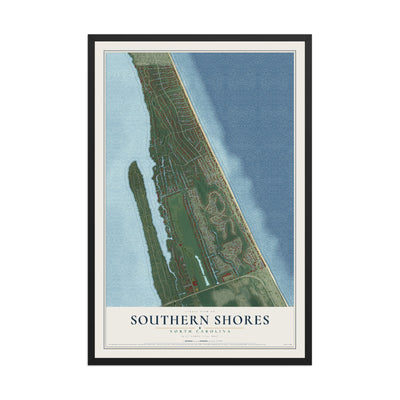 Map of Southern Shores, North Carolina, 12 x 18 inch print in a black wood frame