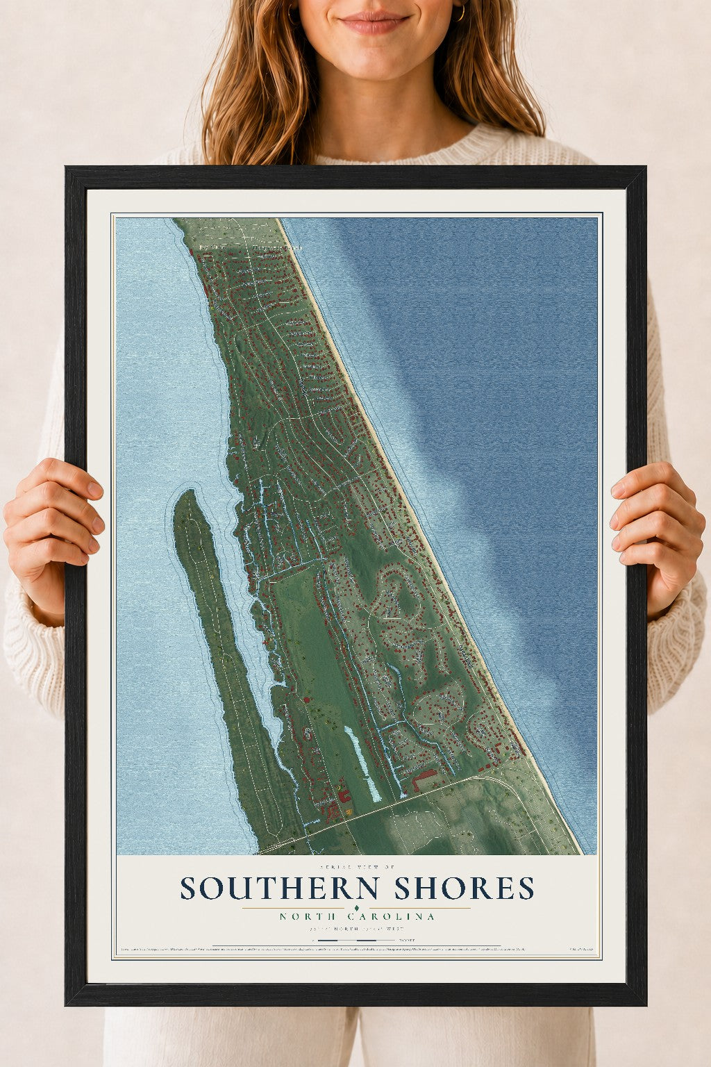 Map of Southern Shores, North Carolina, 18 x 24 inch print in a black wood frame
