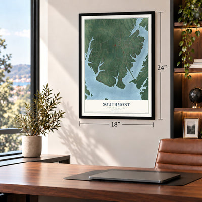 Southmont, North Carolina map, 18 x 24 inch print in a black frame in a home office