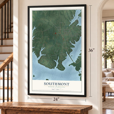 Southmont, North Carolina map, 24 x 36 inch print in a black frame by a staircase