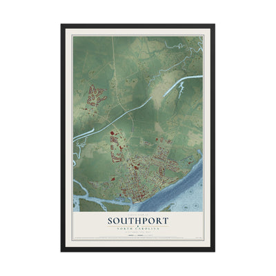 Map of Southport, North Carolina, 12 x 18 inch print in a black wood frame