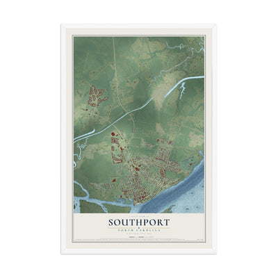 Map of Southport, North Carolina, 12 x 18 inch print in a white wood frame