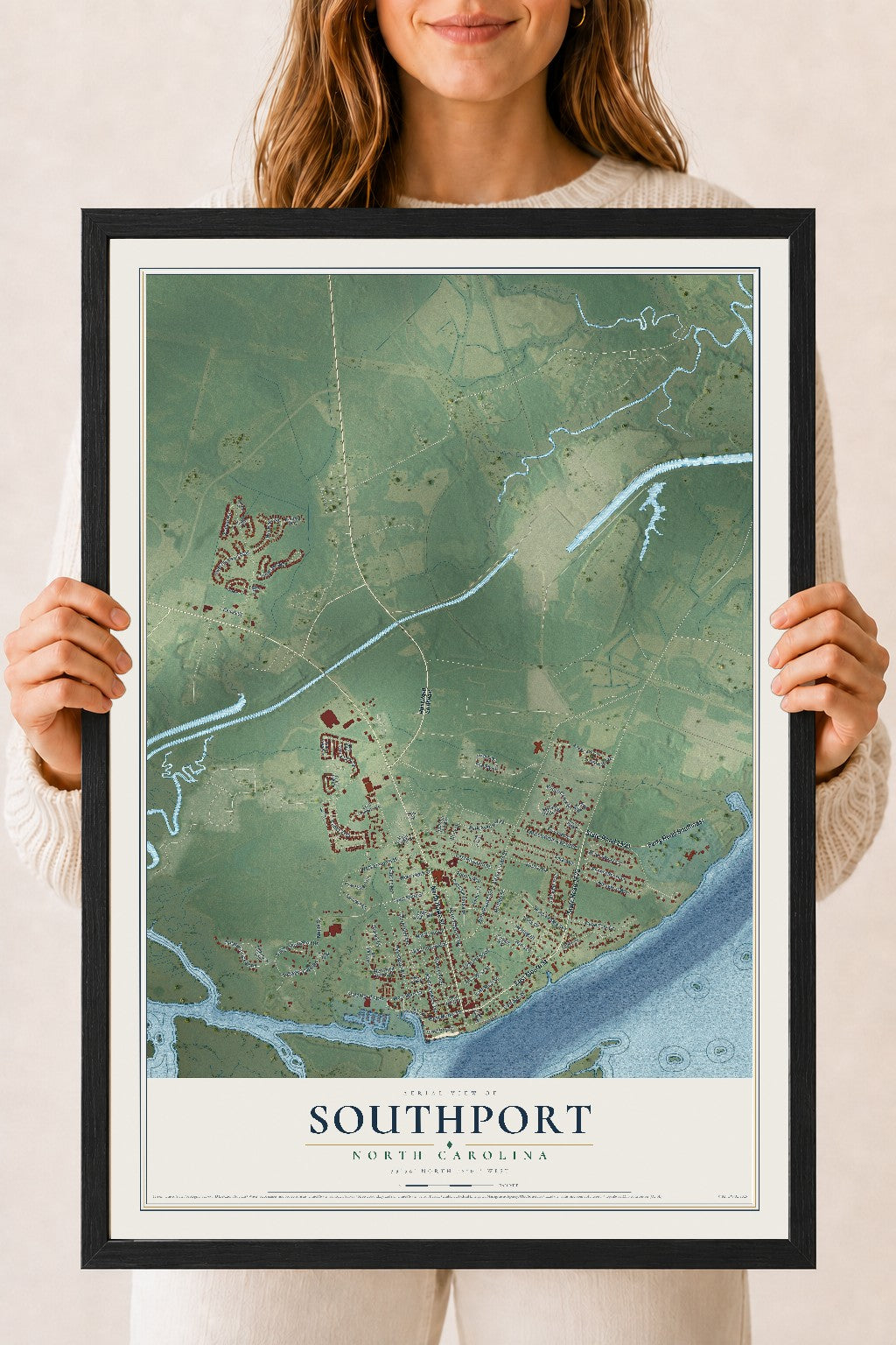 Map of Southport, North Carolina, 18 x 24 inch print in a black wood frame