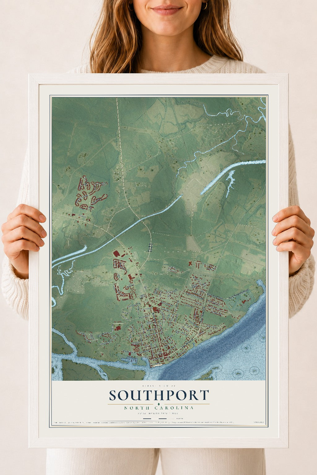 Map of Southport, North Carolina, 18 x 24 inch print in a white wood frame