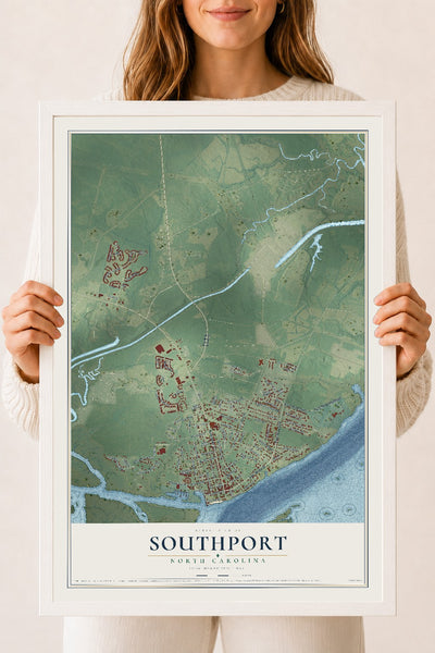 Map of Southport, North Carolina, 18 x 24 inch print in a white wood frame
