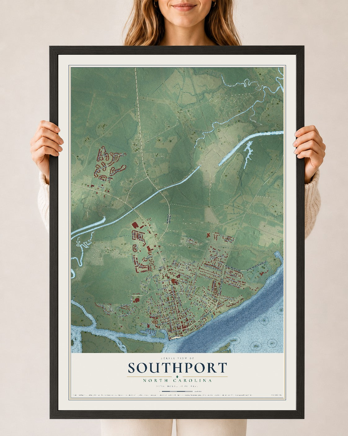 Map of Southport, North Carolina, 24 x 36 inch print in a black wood frame