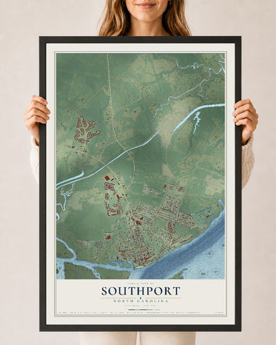 Map of Southport, North Carolina, 24 x 36 inch print in a black wood frame