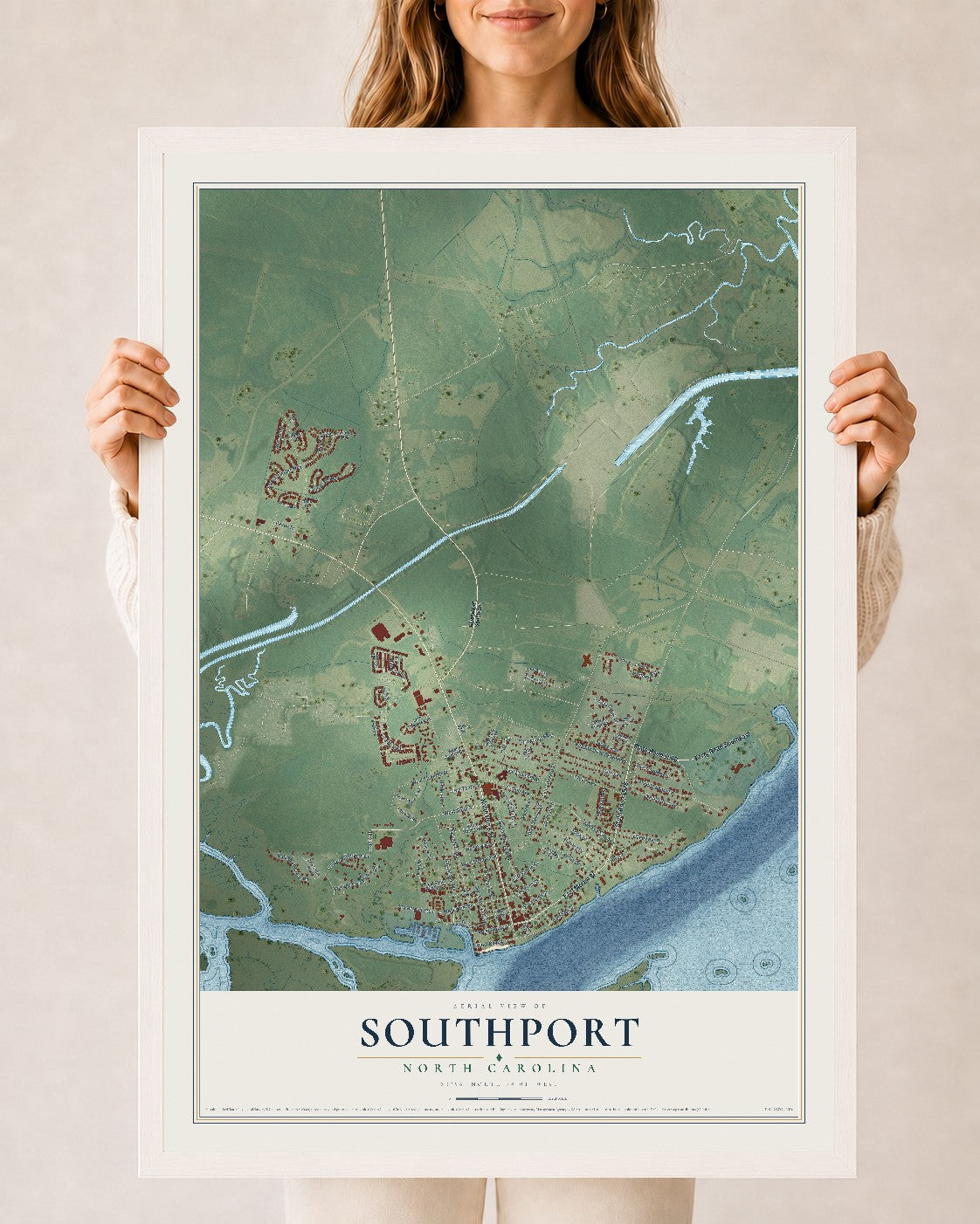 Map of Southport, North Carolina, 24 x 36 inch print in a white wood frame