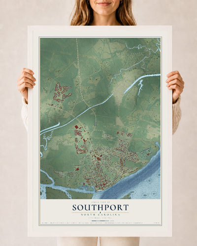 Map of Southport, North Carolina, 24 x 36 inch print in a white wood frame