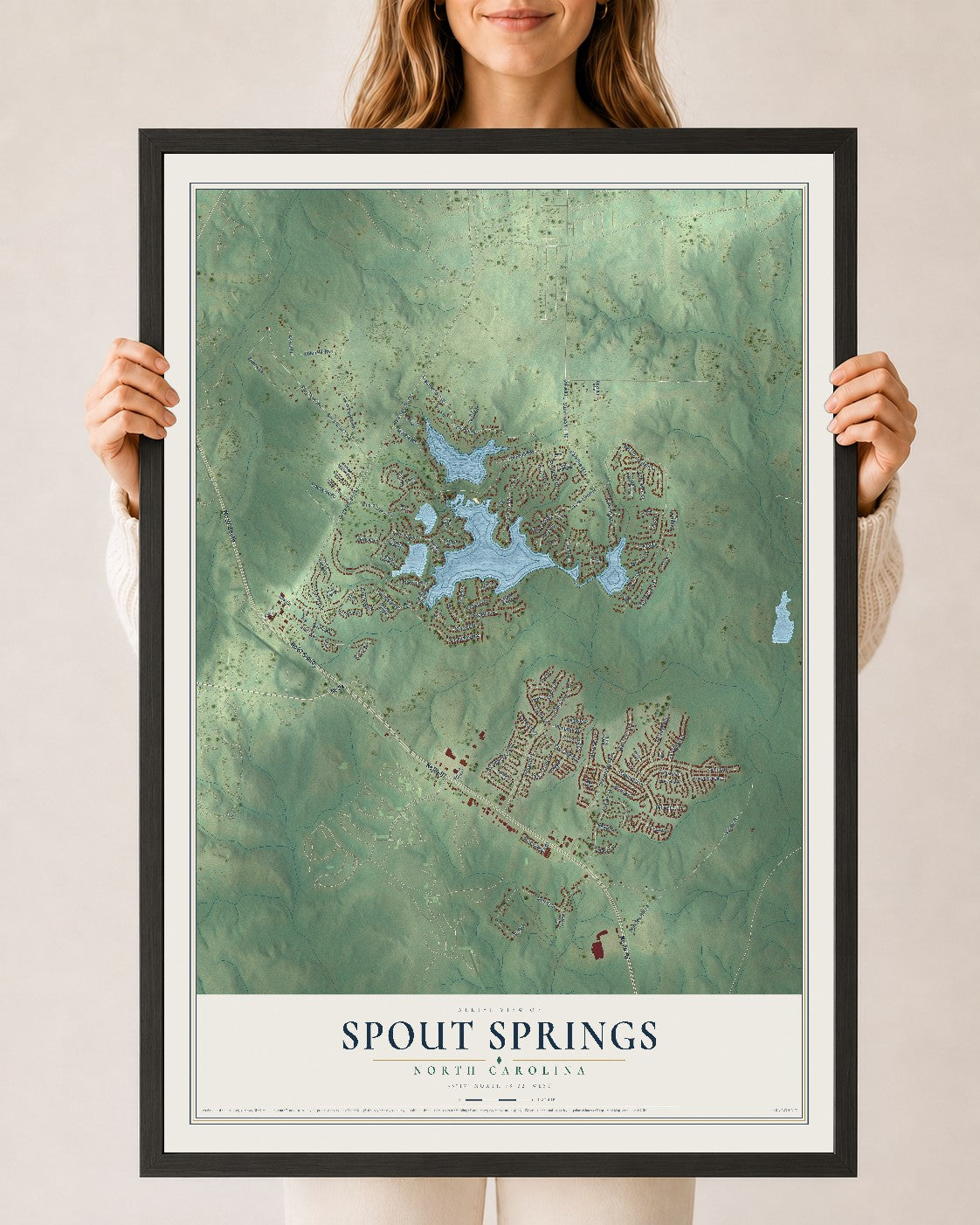 Map of Spout Springs, North Carolina, 24 x 36 inch print in a black wood frame