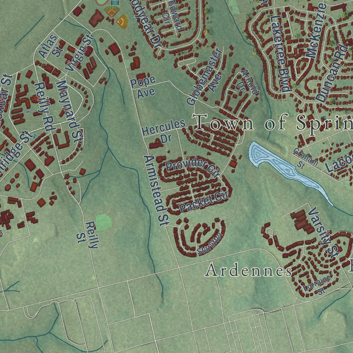 Close-up of the map of Spring Lake, North Carolina print showing street and building detail