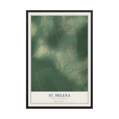 Map of St. Helena, North Carolina, 12 x 18 inch print in a black wood frame