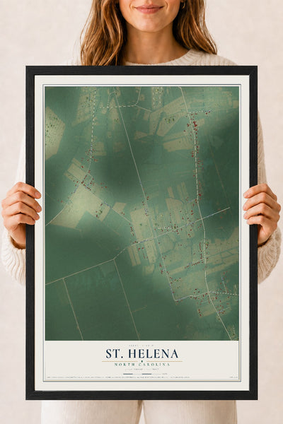 Map of St. Helena, North Carolina, 18 x 24 inch print in a black wood frame