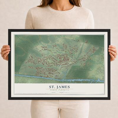 Map of St. James, North Carolina, 12 x 18 inch print in a black wood frame