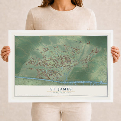 Map of St. James, North Carolina, 12 x 18 inch print in a white wood frame