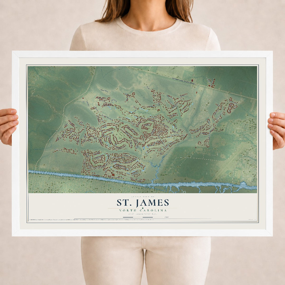 Map of St. James, North Carolina, 18 x 24 inch print in a white wood frame