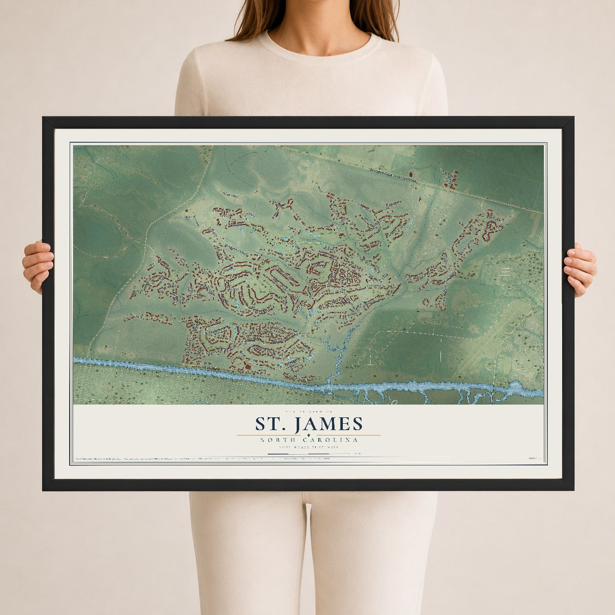 Map of St. James, North Carolina, 24 x 36 inch print in a black wood frame