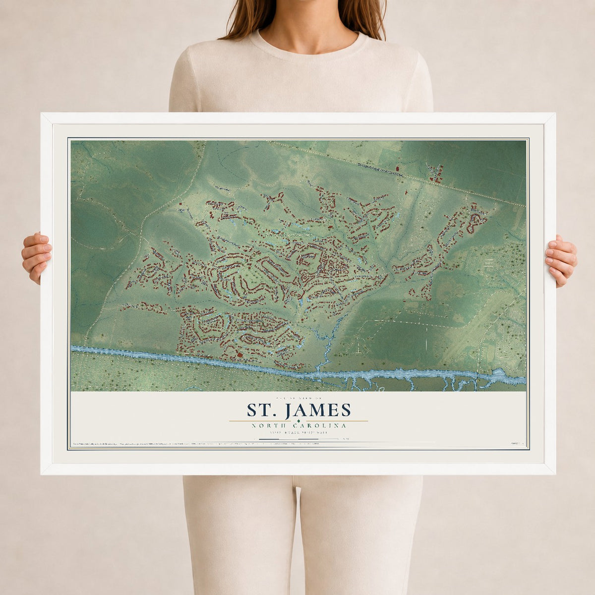 Map of St. James, North Carolina, 24 x 36 inch print in a white wood frame