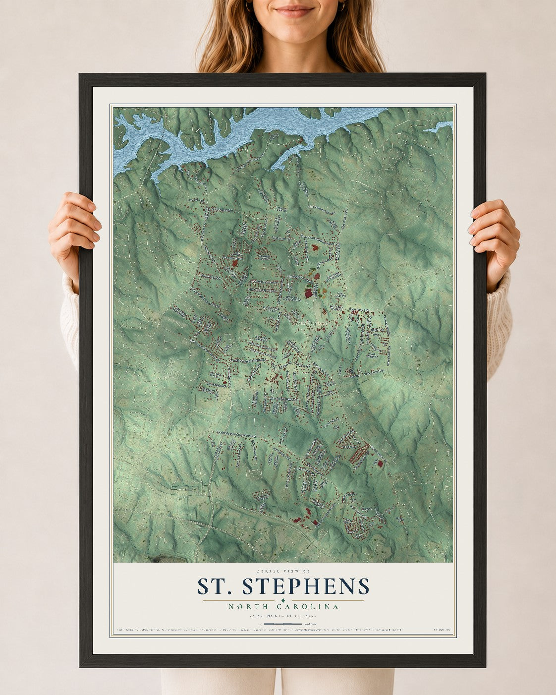 Map of St. Stephens, North Carolina, 24 x 36 inch print in a black wood frame