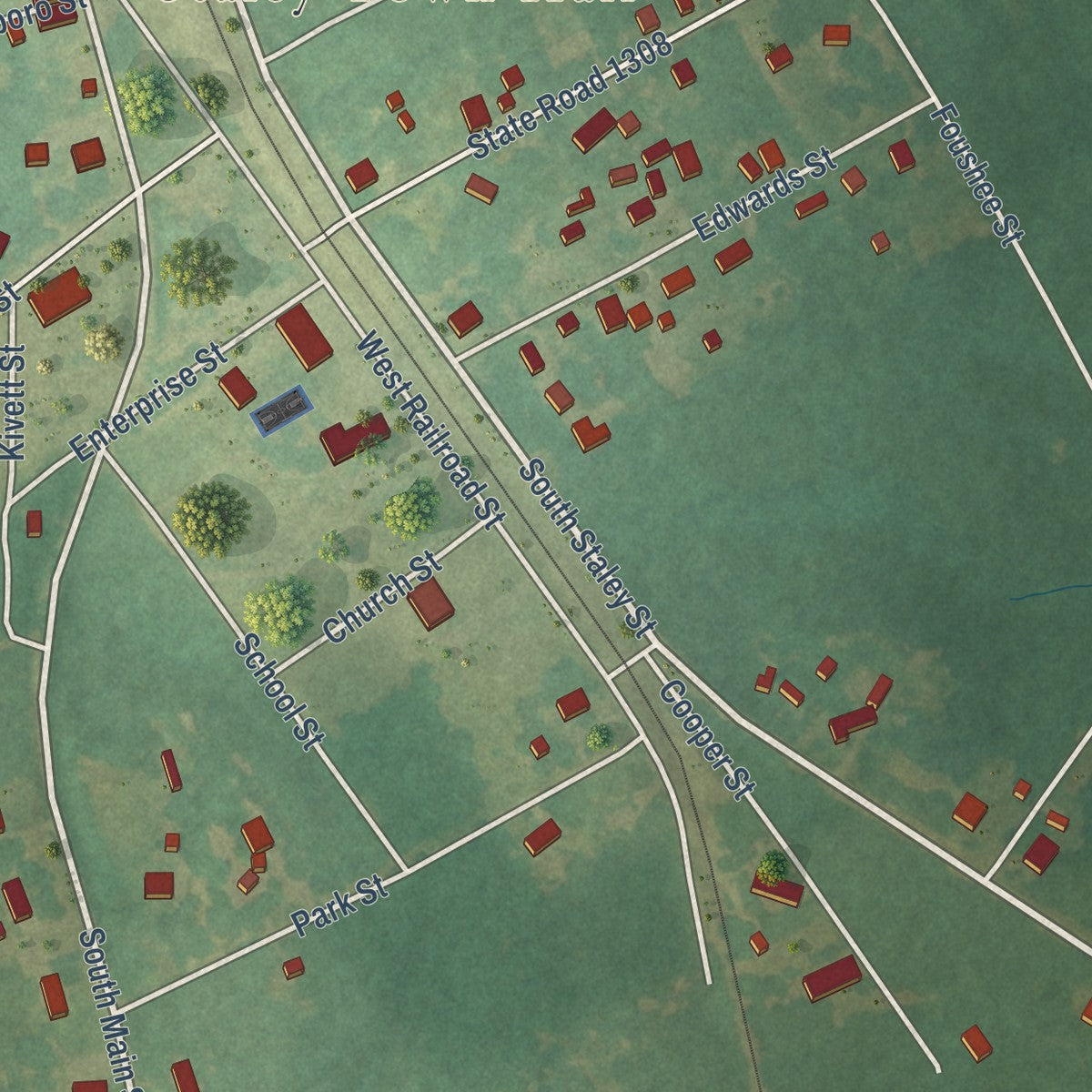 Close-up of the map of Staley, North Carolina print showing street and building detail