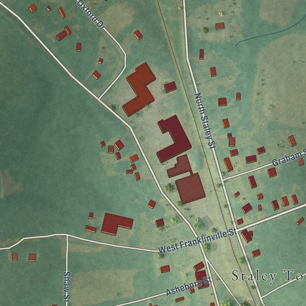 Second close-up of the map of Staley, North Carolina print showing more streets and buildings