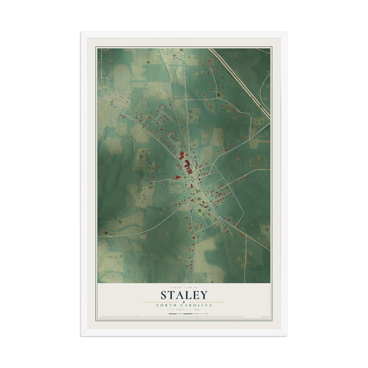 Map of Staley, North Carolina, 12 x 18 inch print in a white wood frame